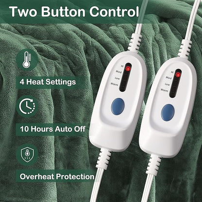 Electric Heated Blanket Queen Size 84"x90", Soft Plush Microplush for Bed, Dual Controllers & Heating Zones, 10Hs Auto Off & 4 Heating Levels, Machine Washable, Gifts for Family-Sage Green