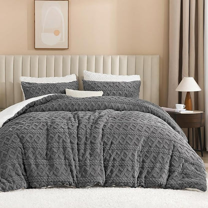 Andency Fluffy Sherpa King Comforter Set Grey, Super Soft Gray Fleece Warm Bedding for Winter, Luxury Jacquard Boho Thick Fuzzy Plush Bed Set 3 Pieces(1 Shaggy Comforter, 2 Pillowcases)