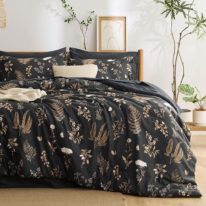 Bedsure Black Twin Comforter Set - 5 Pieces Floral Bedding Sets Twin Bed in a Bag with Reversible Botanical Flowers Comforter, Sheets, Pillowcase & Sham