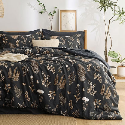 Bedsure Black Full Comforter Set - 7 Pieces Floral Bedding Sets Full Bed in a Bag with Reversible Botanical Flowers Comforter, Sheets, Pillowcases & Shams