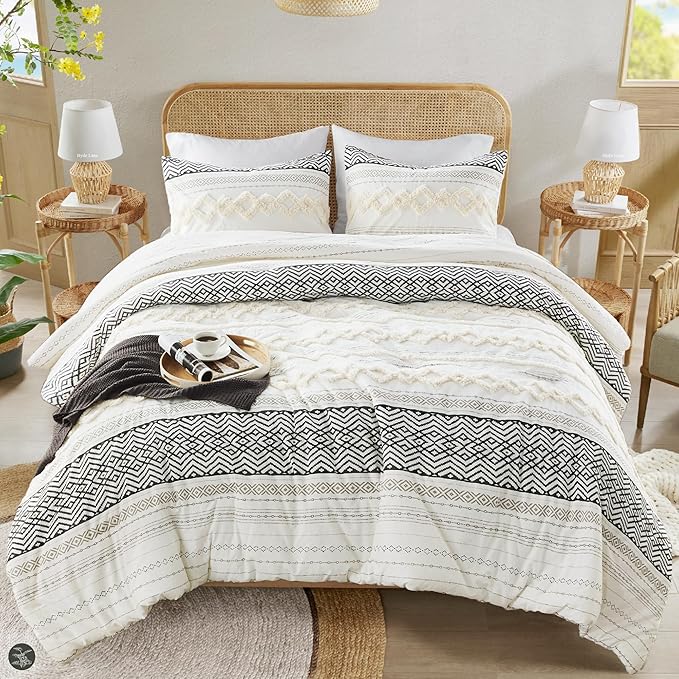 Hyde Lane Farmhouse Bedding Comforter Sets, Ivory Full/Queen Size Boho Bed Set,Cotton Top with Modern Neutral Style Clipped Jacquard Stripes, 3-Pieces Including Pillow Shams (90x90 Inches)