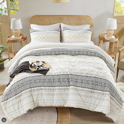 Hyde Lane Farmhouse Bedding Comforter Sets King, Ivory Boho Bed Set,Cotton Top with Modern Neutral Style Clipped Jacquard Stripes, 3-Pieces Including Matching Pillow Shams (104x90 Inches)