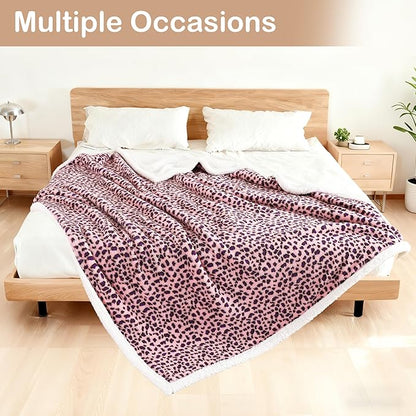 Electric Heated Blanket Throw Size 50"×60" with 9 Heating Levels & 1-10 Hs auto Off, Heating Throw Double Sided Sherpa, Energy Efficient, Machine Washable, Leopard Print Pink & Purple