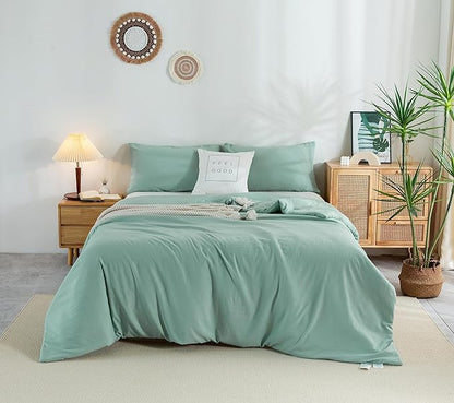 COTTEBED Ultra-Soft Sage Green Comforter Sets for Queen Bed - Light Weight All Season Solid Fluffy Washed Cotton Full Size Bedding Down Alternative Comforters Pillow Sham, Forest Sage Green Full/Queen