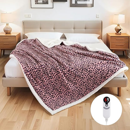 Electric Heated Blanket Full Size 72"x84", Ultra-Soft Plush with Overheat Protection, 9 Adjustable Heat Settings & 10-Hour Auto-Off Timer, Fast Heating for Winter Comfort, Pink Purple Leopard Print