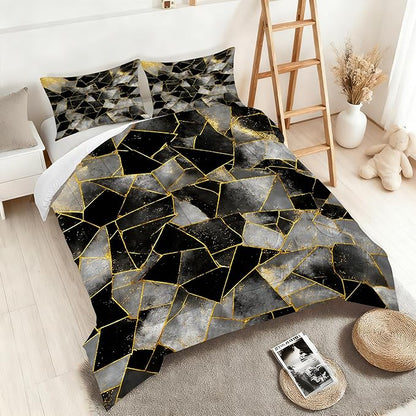 Abstract Geometric Marble Bedding Set Full Size for Boys Kids Adults, Modern Black Grey Gold Marbled Comforter Set Gold Lines Marbling Bed Set for Bedroom Decor with 1 Comforter + 2 Pillowcases