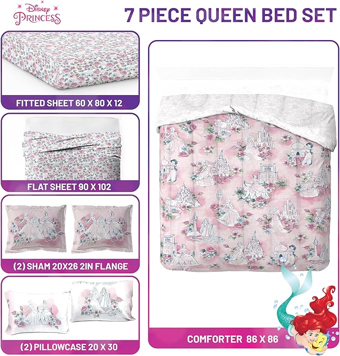 Jay Franco Kids Comforter Set Includes Sheets and Pillow Covers - Soft and Cozy Bed Set for Stylish Room Decor, Pink - Disney Princess, 7 Piece Queen Bedding