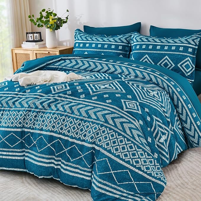 Yiran Teal Blue Comforter Set Queen Size, 7 Piece Boho Aztec Bedding Set, Geometric Bed in a Bag Queen, Soft Microfiber Bohemian Striped Complete Bedding Set with Sheets for All Season