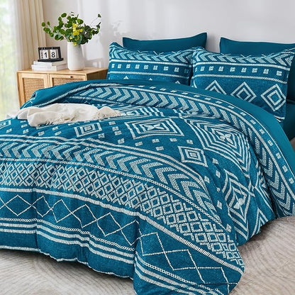 Yiran Teal Blue Comforter Set Queen Size, 7 Piece Boho Aztec Bedding Set, Geometric Bed in a Bag Queen, Soft Microfiber Bohemian Striped Complete Bedding Set with Sheets for All Season