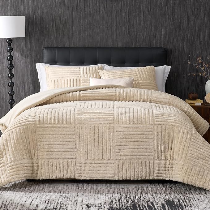 Amélie Home Queen Comforter Set with Stripe Jacquard Design in Khaki, Super Warm Fluffy Plush Bedding Set for Winter, 3 Pieces Including 1 Soft Comforter and 2 Pillowcases