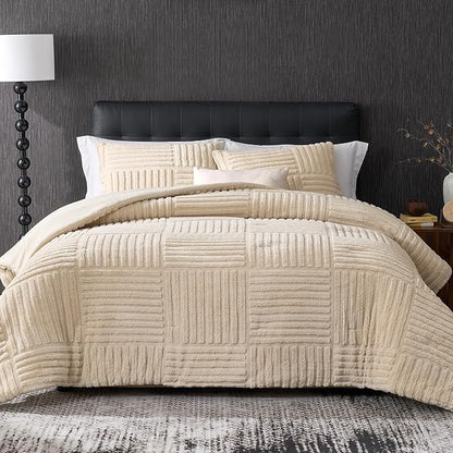 Amélie Home Queen Comforter Set with Stripe Jacquard Design in Khaki, Super Warm Fluffy Plush Bedding Set for Winter, 3 Pieces Including 1 Soft Comforter and 2 Pillowcases