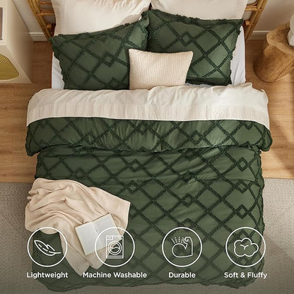 Bedsure Boho Comforter Set Queen - Olive Green Tufted Queen Size Comforter, 3 Pieces Farmhouse Shabby Chic Embroidery Bed Set, Soft Fluffy Geometric Pattern Bedding for All Seasons
