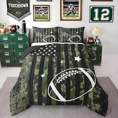 Feelyou Twin Football Bedding Set for Kids Toddler Camo American Flag Comforter Set for Boys Girls Rugby Sports Comforter Teens Soccer Duvet Set Microfiber Bed Set