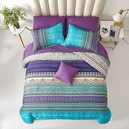 Cottolester Boho Comforter Set King Size 8 Piece Bed in a Bag Bohemian Striped Bedding Quilt Set Aqua Paisley Floral Comforter and Sheet Set,Soft Microfiber Complete Bedding Sets for All Season