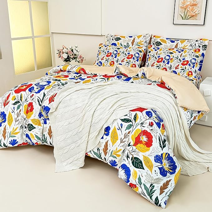 Floral Queen Comforter Set with Sheets, 7 Piece Luxury Vintage Bedding, Soft Microfiber Bed in a Bag, Cozy Lightweight Bed Set, Blue Orange Flower
