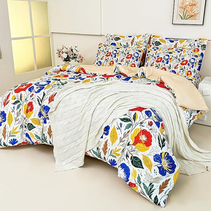 Floral Queen Comforter Set with Sheets, 7 Piece Luxury Vintage Bedding, Soft Microfiber Bed in a Bag, Cozy Lightweight Bed Set, Blue Orange Flower