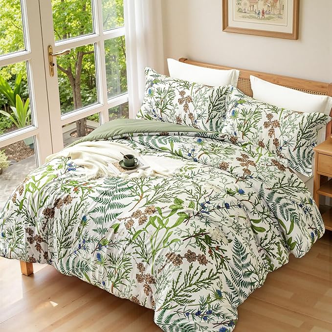 Queen Comforter Set - 3 Pieces Botanical Bedding Comforter Set, 1 Soft Vintage Beige Plant Flowers Comforter (90"x90") and 2 Pillow Shams(20"x26") Ultra-Soft Comfort Suitable for All Seasons