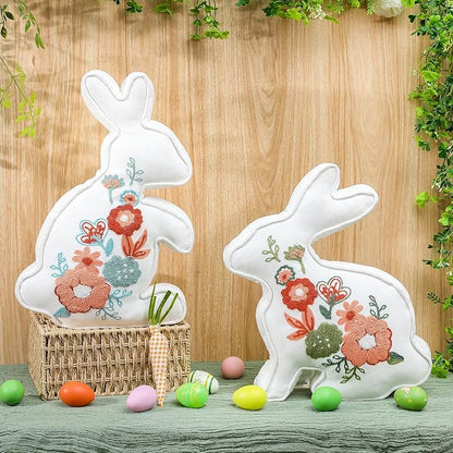 2 Pcs Easter Bunny Throw Pillow 2 Size Soft Velvet Bunny Shaped Floral Embroidered Rabbit Decorative Pillow Spring Office Decor for Sofa Bed Chair Living room, 18 x 11.8 Inch, 16.5 x 11.4 Inch