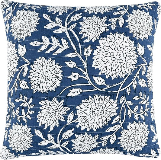 Levtex Home - Adare Denim Quilted Pillow - Decorative Pillow (18x18in.) - Floral - Blue White