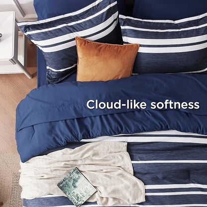 Bedsure California King Comforter Set 7 Pieces, Blue Striped Bedding Set for All Seasons, Reversible, Cationic Dyeing Bed in a Bag with Comforter, Sheets, Pillowcases & Shams