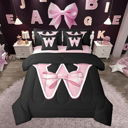 jejeloiu Kawaii Pink Bow Full Comforter Set with Sheets,Gifts for Women Teen Girl,Monogrammed 7 Piece Bedding Set,Soft Personalized Initial Letter W Bed in a Bag with Comforter,Sheets,Pillowcases