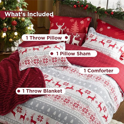 Bedsure Christmas Twin Comforter Set - 4 Pieces Christmas Twin Bedding Set, Bed in a Bag with 1 Soft Reindeer Reversible Comforter, 1 Pillow Sham, 1 Throw Blanket and 1 Decorative