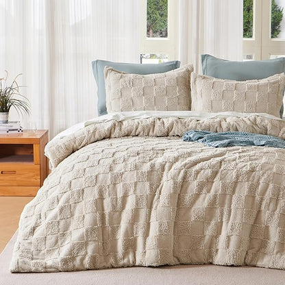 Joiedomi Tufted Full Size Comforter Set, 3 Pieces Beige Boho Full Bedding Set with 1 Plaid Geometric Comforter and 2 Pillow Shams, Checkered Bed in a Bag for All Seasons