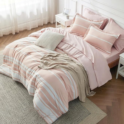 Bedsure Twin Comforter Set 5 Pieces, Light Pink Striped Bedding Set for All Seasons, Reversible, Cationic Dyeing Bed in a Bag with Comforter, Sheets, Pillowcase & Sham