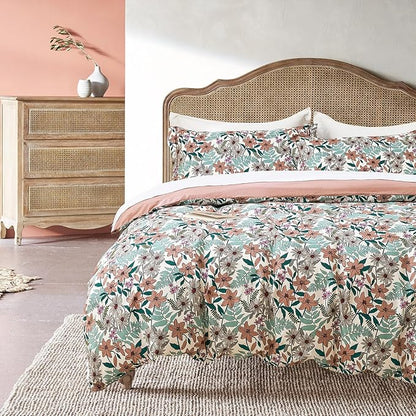 Elegant Blush Floral Cotton Comforter King Size - 3PC Lightweight Bedding Sets with Ultra-Soft Alternative Fill, Cozy Tropical Bloom Reversible Design (1 Comforter, 2 Pillowshams)
