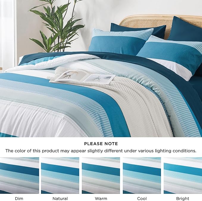 Andency King Size Comforter Set Teal - 7 Pieces Striped Lightweight Bed in a Bag, Soft Microfiber Reversible Bedding Set with Comforter, Fitted & Flat Sheet, Pillowcases & Shams