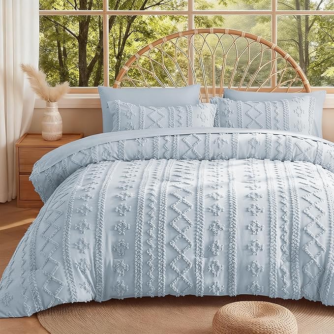 MR&HM Twin XL Comforter Set Dusty Blue, 5 Pieces Bedding Set, Farmhouse Shabby Chic Bed in a Bag with 1 Comforter, 1 Pillow Shams, 1 Pillowcases, 1 Flat Sheet, 1 Fitted Sheet for College Dorm