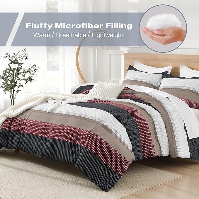 Litanika Full Comforter Set Red Black - 3 Pieces Lightweight Fluffy Bedding Comforter Sets, All Season Down Alternative Comforter (1 Comforter, 2 Pillowcases)