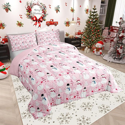 Cartoon Pink Dreamy Boys Girls Comforter Set Full Size,Snowman Christmas Tree Duvet Set Teens Bedroom Decor,Merry Christmas Microfiber Soft Bedding