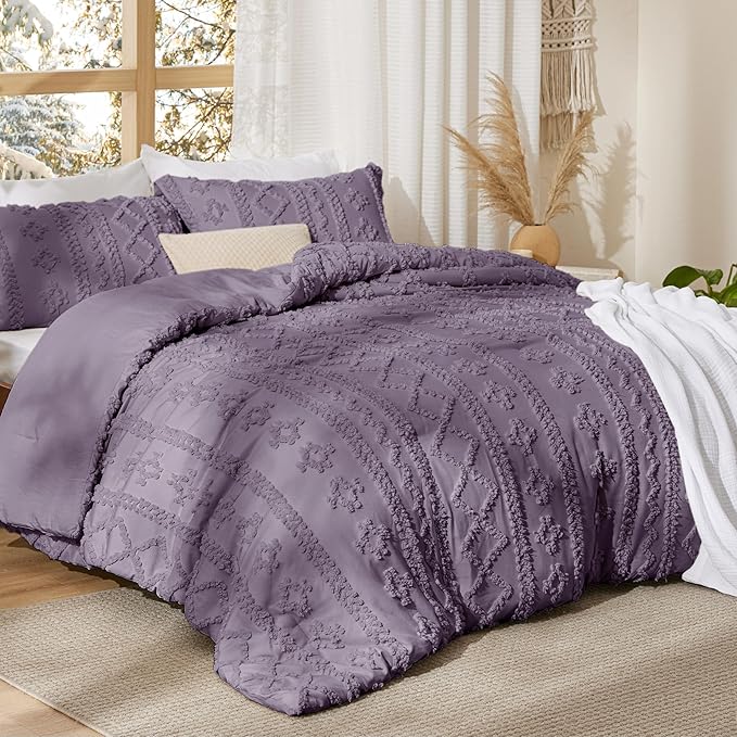 Bedsure Tufted Boho Comforter Set Twin Size - Grayish Purple Boho Bed Set, GentleSoft™ 2 Pieces Farmhouse Shabby Chic Embroidery Bedding, Gifts for Woman, Soft Jacquard Twin Comforter for All Seasons