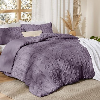 Bedsure Tufted Boho Comforter Set Twin Size - Grayish Purple Boho Bed Set, GentleSoft™ 2 Pieces Farmhouse Shabby Chic Embroidery Bedding, Gifts for Woman, Soft Jacquard Twin Comforter for All Seasons