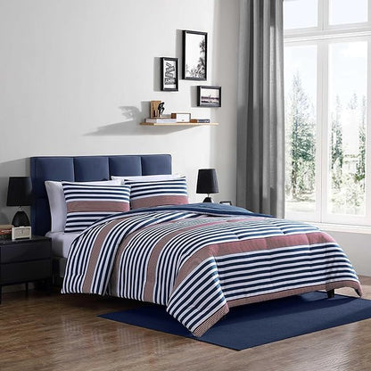 Nautica - Full/Queen Comforter Set, Ultra Soft Bedding with a Woven Textured Feel, Medium Weight for Year Round Comfort, 3 Piece Bed Set with Matching Pillowcases (Kennedy Stripe Navy)