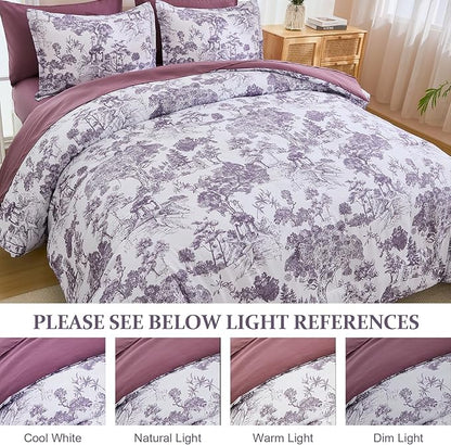 DJY Purple Comforter Set King, 7 Pieces Dark Purple Botanical Comforters King Size Elegant Plants Print with Sheets Bed in a Bag Soft Microfiber Reversible Complete Bedding Sets for All Season