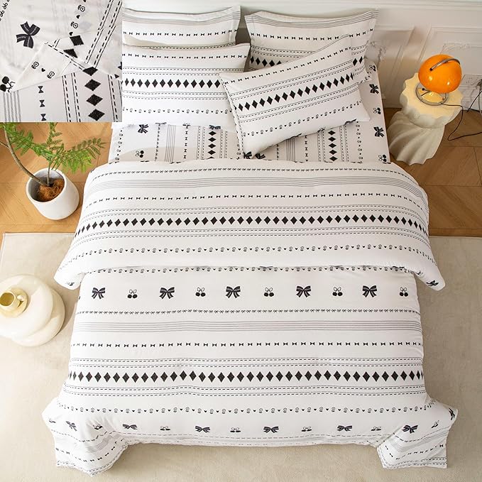 SDY 7PCS Bow Floral,Cherry Comforter and Sheet Set Full Size，Bohemian Print Pattern Bedding Sets Includes 1*Comforter,1* Flat Sheet, 1*Fitted Sheet,2*Pillowcases and 2*PillowcaseShams