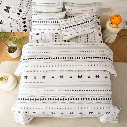 SDY 7PCS Bow Floral,Cherry Comforter and Sheet Set Full Size，Bohemian Print Pattern Bedding Sets Includes 1*Comforter,1* Flat Sheet, 1*Fitted Sheet,2*Pillowcases and 2*PillowcaseShams