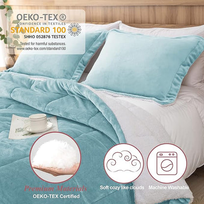 Seward Park Smoke Blue Sherpa Comforter Set Full Queen Size, All Season Soft Warm Fleece Fall Blanket, Winter Bedding Sets with 2 Pillow Shams