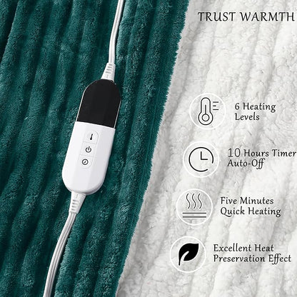 Electric Blanket Heated Twin Blanket, Super Soft Flannel & Sherpa Electric Twin Blanket with 6 Fast Heating Levels, 10 Hours Auto Off & OverHeat Protection, Machine Washable, 62'' X 84'', Deep Green