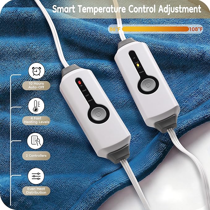 Electric Heated Blanket King Size 90"×100", Comfortable & Luxurious Flannel, 4 Heating Levels & 10 H Auto Shut Off, Lake Blue