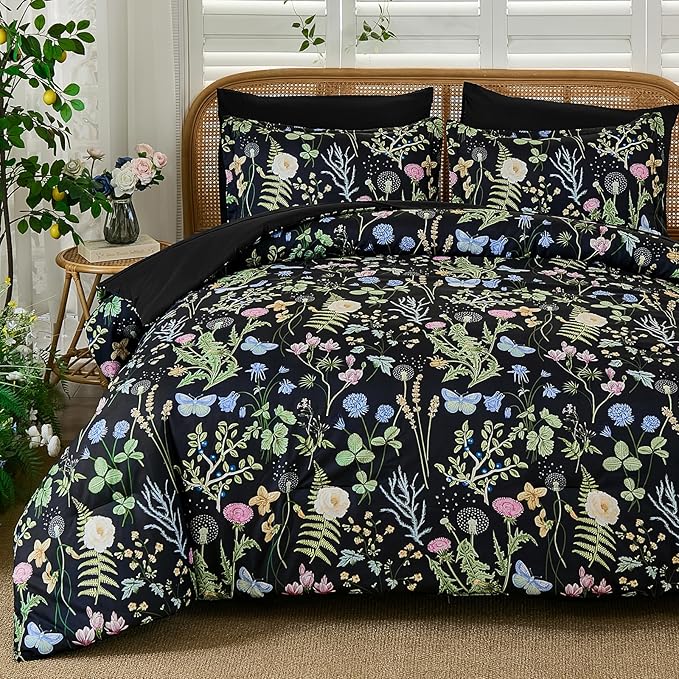 Yiran Black Green Floral Comforter Set Queen Size, 7 Piece Botanical Comforter Bedding Set, Farmhouse Bed in a Bag, Soft Microfiber Complete Bedding Set with Sheets for All Season