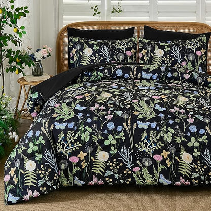 Yiran Black Green Floral Comforter Set Queen Size, 7 Piece Botanical Comforter Bedding Set, Farmhouse Bed in a Bag, Soft Microfiber Complete Bedding Set with Sheets for All Season