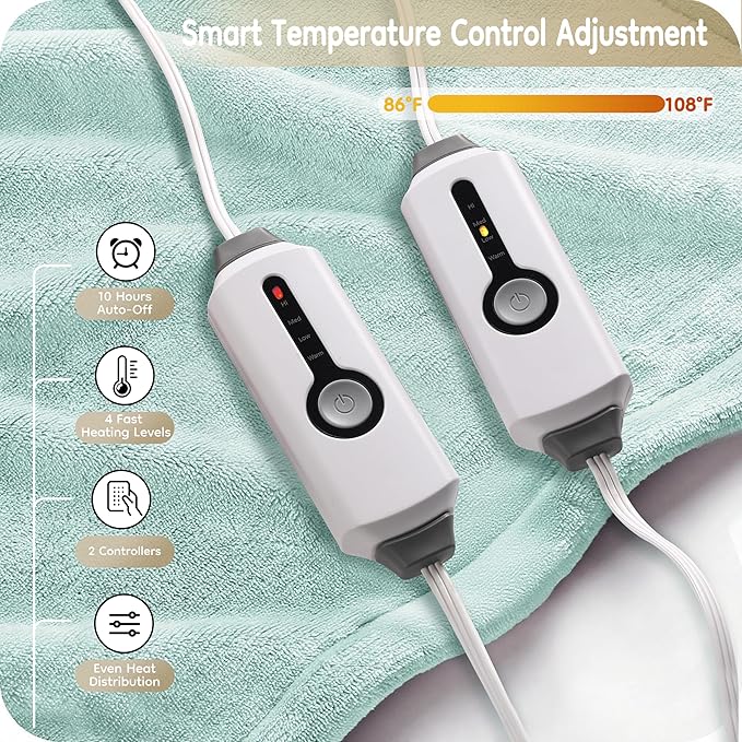 Electric Heated Blanket Queen Size 84"x90", with Dual Control Breathable & Luxurious Flannel, with 4 Heating Levels & 10 Hours Auto-Off, Fast Heating, Machine Washable, for Bedding-Light Green