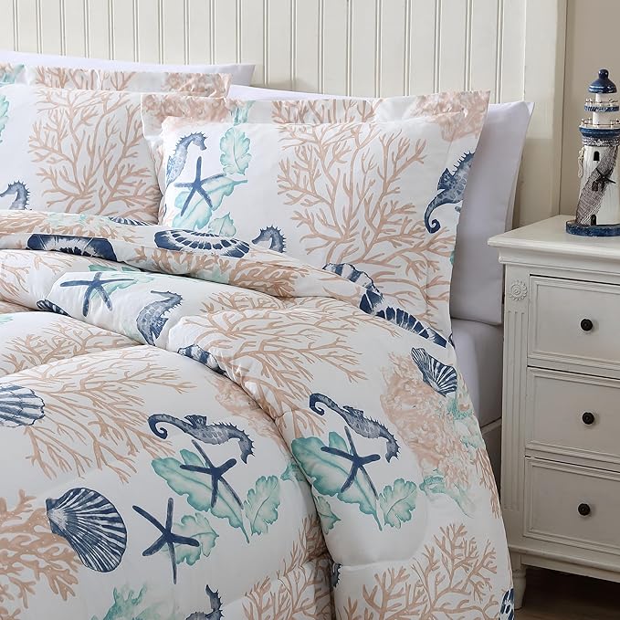 Caribbean Joe King 3-Piece Comforter Set, Tropical Coastal Beach Design Bedding, Seahorse Swimming