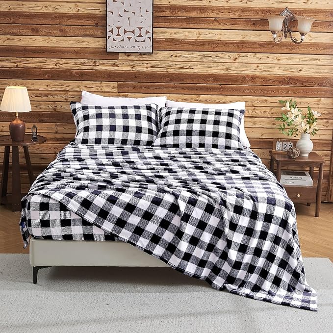 BEDELITE Flannel Sheets Queen Size Bed Set, Luxury Red and Black Plaid Winter Bedding Set, Super Soft & Warm Fuzzy Fleece Sheets 4 Piece(Include Fitted Sheet, Flat Sheet, 2 Pillowcases)