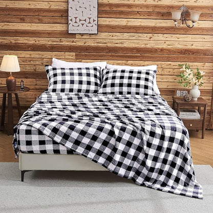 BEDELITE Flannel Sheets Queen Size Bed Set, Luxury Red and Black Plaid Winter Bedding Set, Super Soft & Warm Fuzzy Fleece Sheets 4 Piece(Include Fitted Sheet, Flat Sheet, 2 Pillowcases)