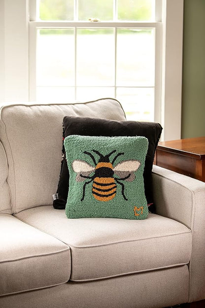 Chandler 4 Corners Artist-Designed Honey Bee Hand-Hooked Wool Decorative Throw Pillow (14 in x 14 in) Farm & Garden Pillow for Couches & Beds - Low Maintenance Nature Bumble Bee, Honey Bee Home Décor