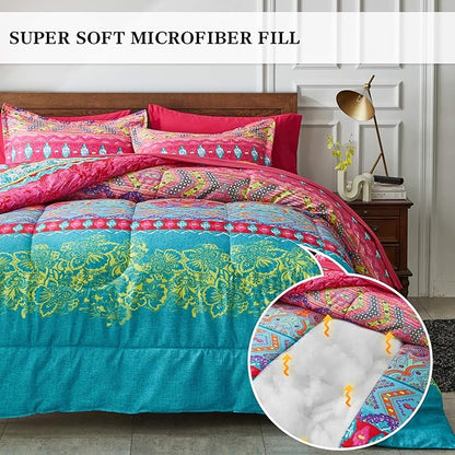 Flysheep Boho Bed in a Bag 6 Pieces Twin Size, Colorful Bohemian Tribal Pink n Blue Floral Reversible Bed Comforter Set (1 Comforter, 1 Flat Sheet, 1 Fitted Sheet, 2 Pillow Shams, 1 Pillowcase)